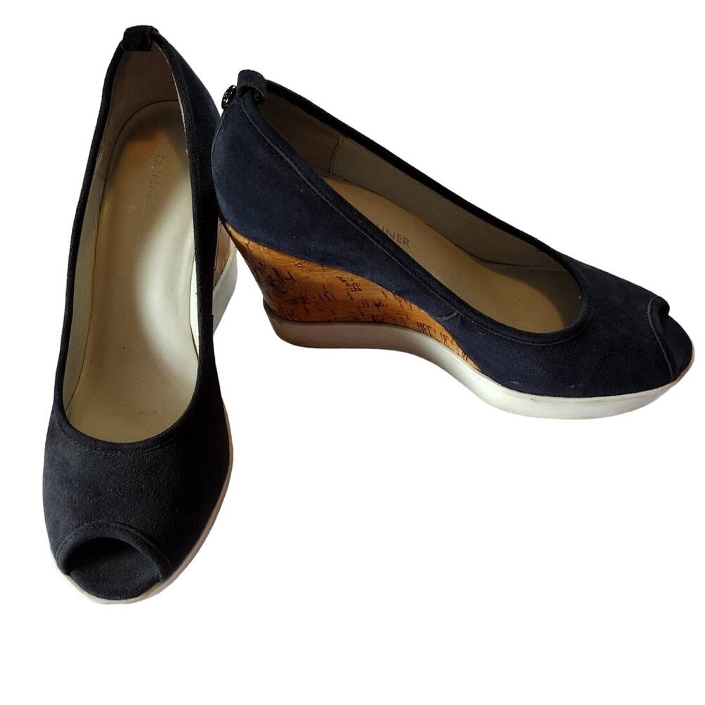 Donald J Pliner Carli Black Shoes Suede Wedges Size 7 Pump Cork Look Peep Toe